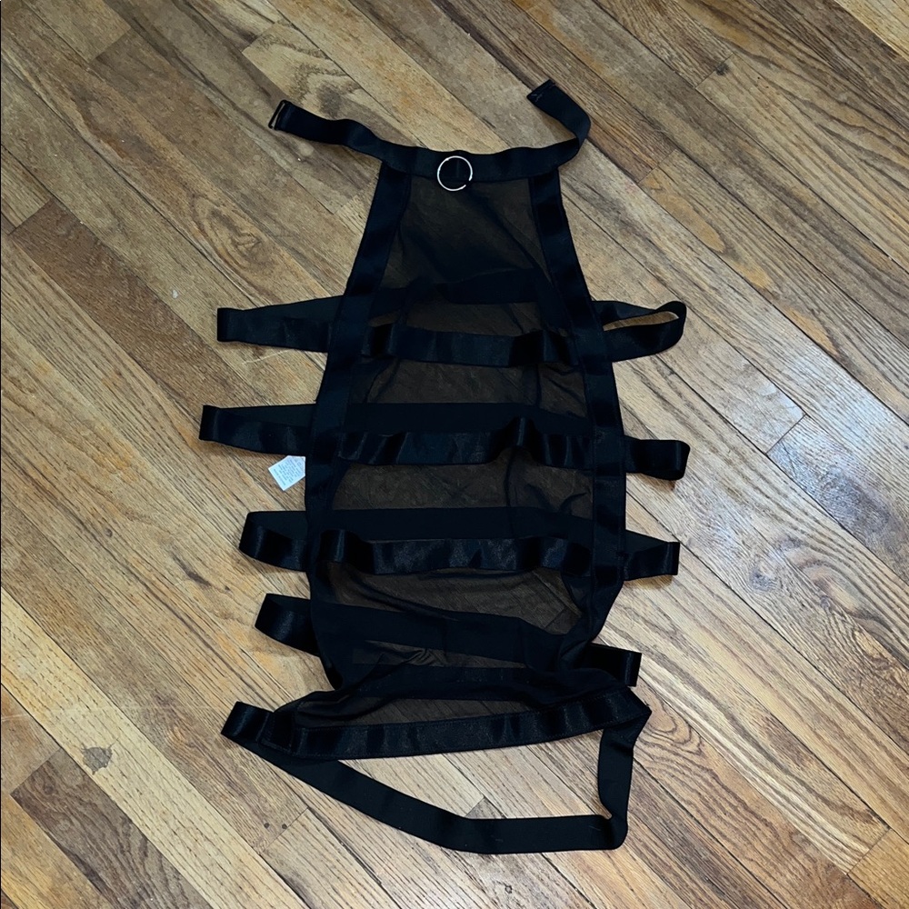 Backless sleeveless bottomless Black mesh and Satin dress with collar